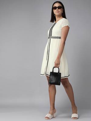 Cream embroidered georgette short-dresses 5