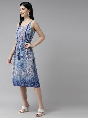 Blue printed georgette long-dresses 3