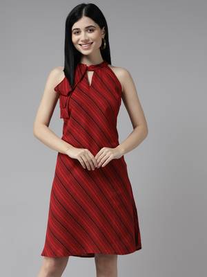 Red printed georgette long-dresses 3