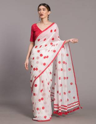 Suta Women White & Red Polka Dots Printed Pure Cotton Saree 1