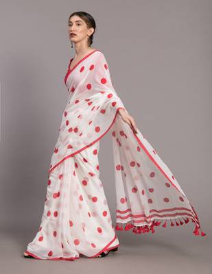 Suta Women White & Red Polka Dots Printed Pure Cotton Saree 2