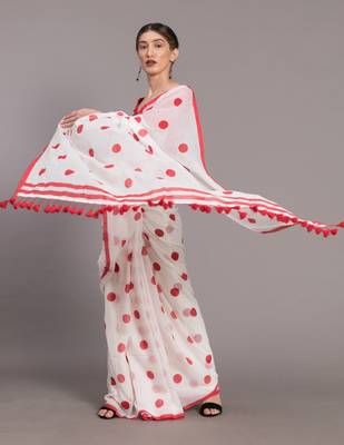 Suta Women White & Red Polka Dots Printed Pure Cotton Saree 3