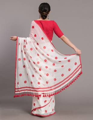 Suta Women White & Red Polka Dots Printed Pure Cotton Saree 4