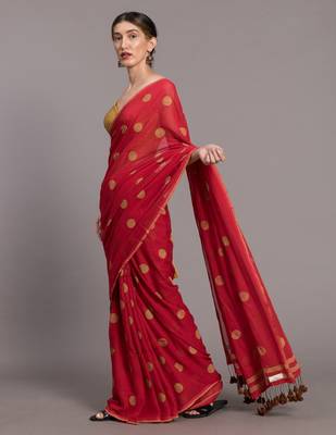 Suta Red & Beige Pure Cotton Polka Dots Printed Saree 1