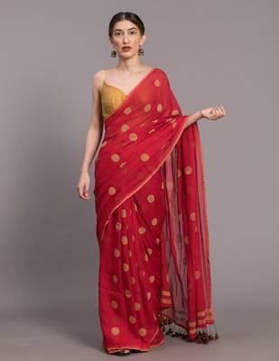 Suta Red & Beige Pure Cotton Polka Dots Printed Saree 2