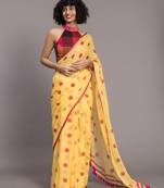 Suta Yellow  & Pink Polka Dots Printed Pure Cotton Saree