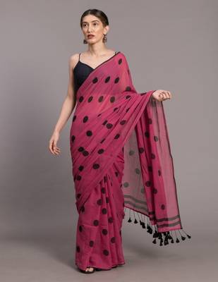 Suta Pink & Black Polka Dots Printed Pure Cotton Saree 1