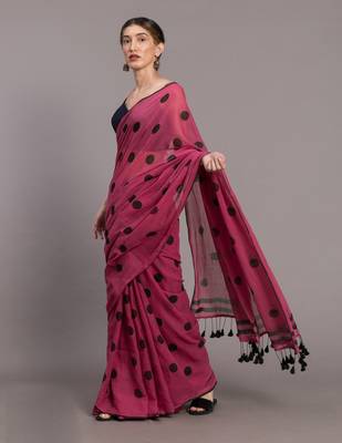 Suta Pink & Black Polka Dots Printed Pure Cotton Saree 2