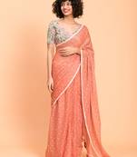 Suta Peach White Polka Dots Printed Pure Cotton Saree