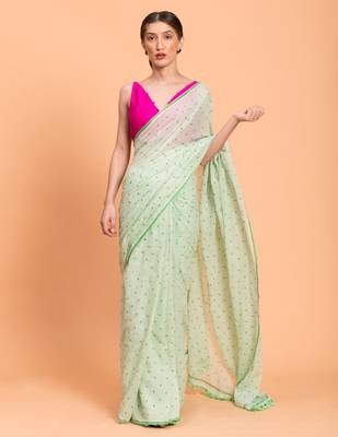 Suta Women Green Pure Cotton Polka Dots Printed Saree Without Blouse 1