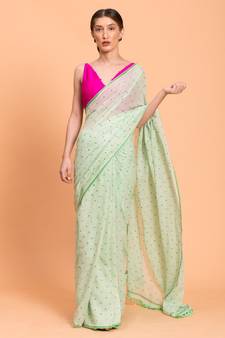 Suta Women Green Pure Cotton Polka Dots Printed Saree Without Blouse