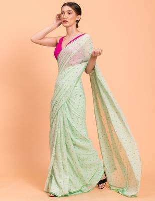 Suta Women Green Pure Cotton Polka Dots Printed Saree Without Blouse 2