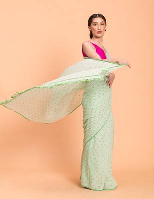Suta Women Green Pure Cotton Polka Dots Printed Saree Without Blouse 4