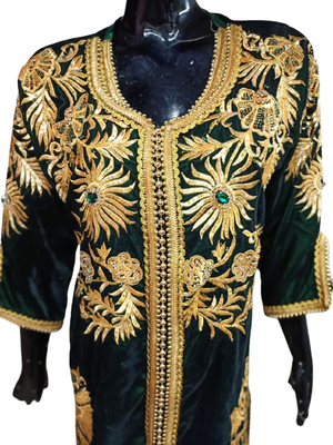 GREEN ZARI WORK STONES & BEADS EMBELLISH GEORGETTE ISLAMIC STYLE ARABIAN MAXI PARTYWEAR KAFTAN 5