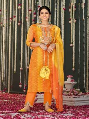 Yellow embroidery stitched bandhani suits churidar salwar suits 1