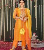 Yellow embroidery stitched bandhani suits churidar salwar suits