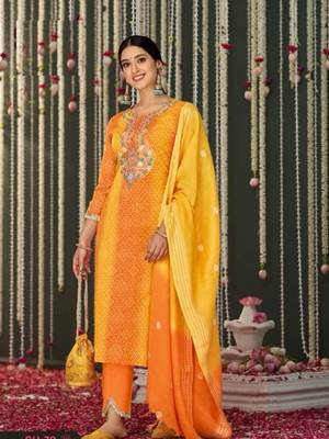 Yellow embroidery stitched bandhani suits churidar salwar suits 2