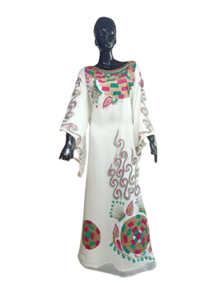 WHITE ZARI WORK STONES & BEADS EMBELLISH GEORGETTE ISLAMIC STYLE ARABIAN MAXI PARTYWEAR KAFTAN 1