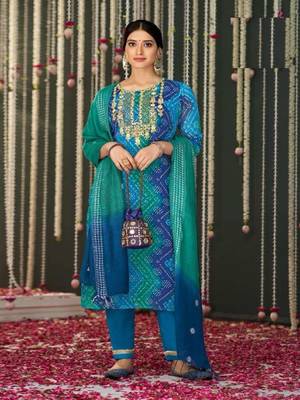 Blue embroidery stitched bandhani suits churidar salwar suits 1