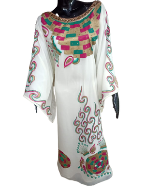 WHITE ZARI WORK STONES & BEADS EMBELLISH GEORGETTE ISLAMIC STYLE ARABIAN MAXI PARTYWEAR KAFTAN 2