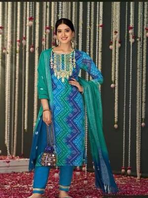 Blue embroidery stitched bandhani suits churidar salwar suits 2