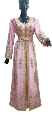 Elegant Baby Pink Kaftan Gown with Gold & Mint Zari Embroidery | Formal Event Dress 1