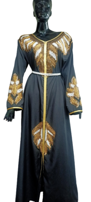BLACK ZARI WORK STONES & BEADS EMBELLISH GEORGETTE ISLAMIC STYLE ARABIAN MAXI PARTYWEAR KAFTAN 1
