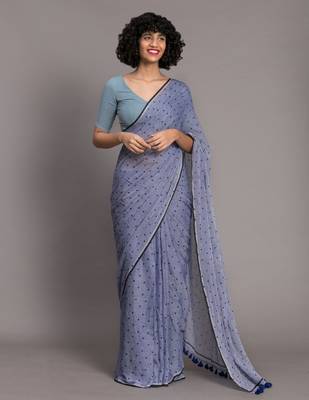 Suta Blue & Black Pure Cotton Polka Dot Printed Saree 1