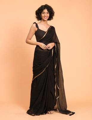 Suta Black Gold-Toned Zari border Pure Cotton Solid Saree 1