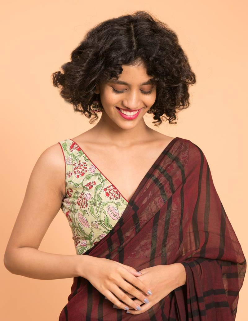Suta Women Maroon  Black stripes Pure Cotton Saree
