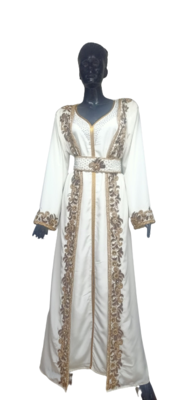 CREAM COLOUR FEB CREP ZARI WORK STONES & BEADS EMBELLISH GEORGETTE ISLAMIC STYLE ARABIAN MAXI PARTY WEAR KAFTAN 1
