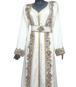 CREAM COLOUR FEB CREP ZARI WORK STONES & BEADS EMBELLISH GEORGETTE ISLAMIC STYLE ARABIAN MAXI PARTY WEAR KAFTAN