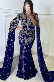 Moroccan Kaftan Hand Work Royal Blue Long sleeve Party wear dress 