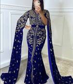 Moroccan Kaftan Hand Work Royal Blue Long sleeve Party wear dress 