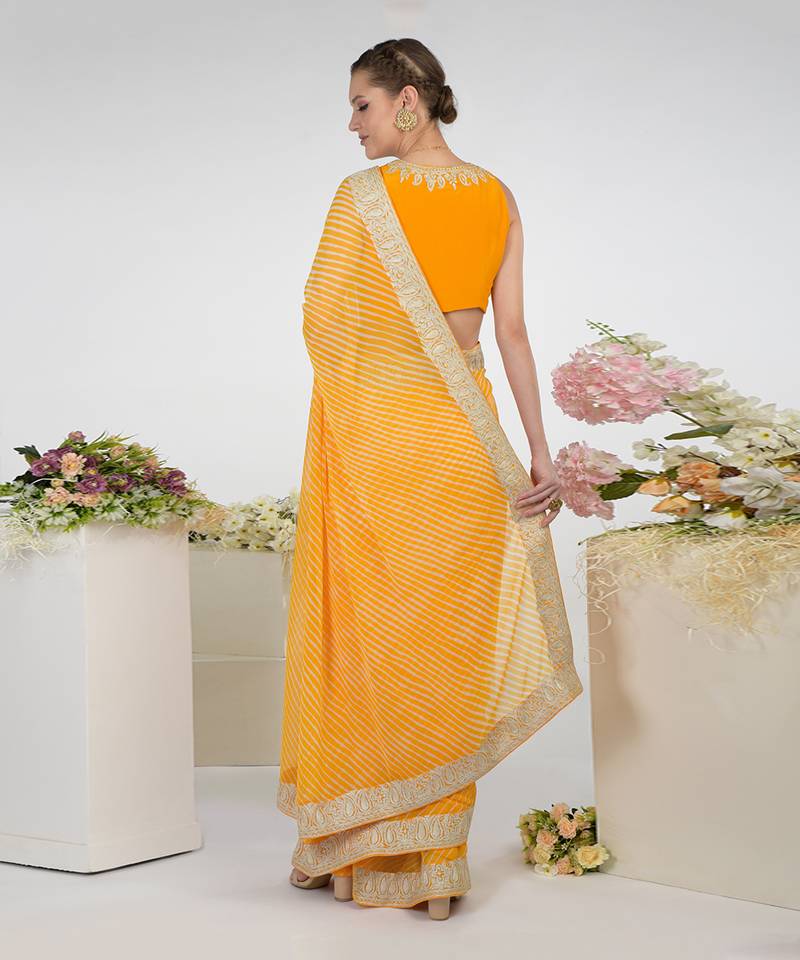 Yellow Leheriya Kashmiri Paisley Tilla Saree