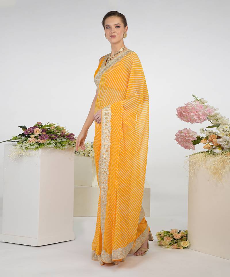 Yellow Leheriya Kashmiri Paisley Tilla Saree