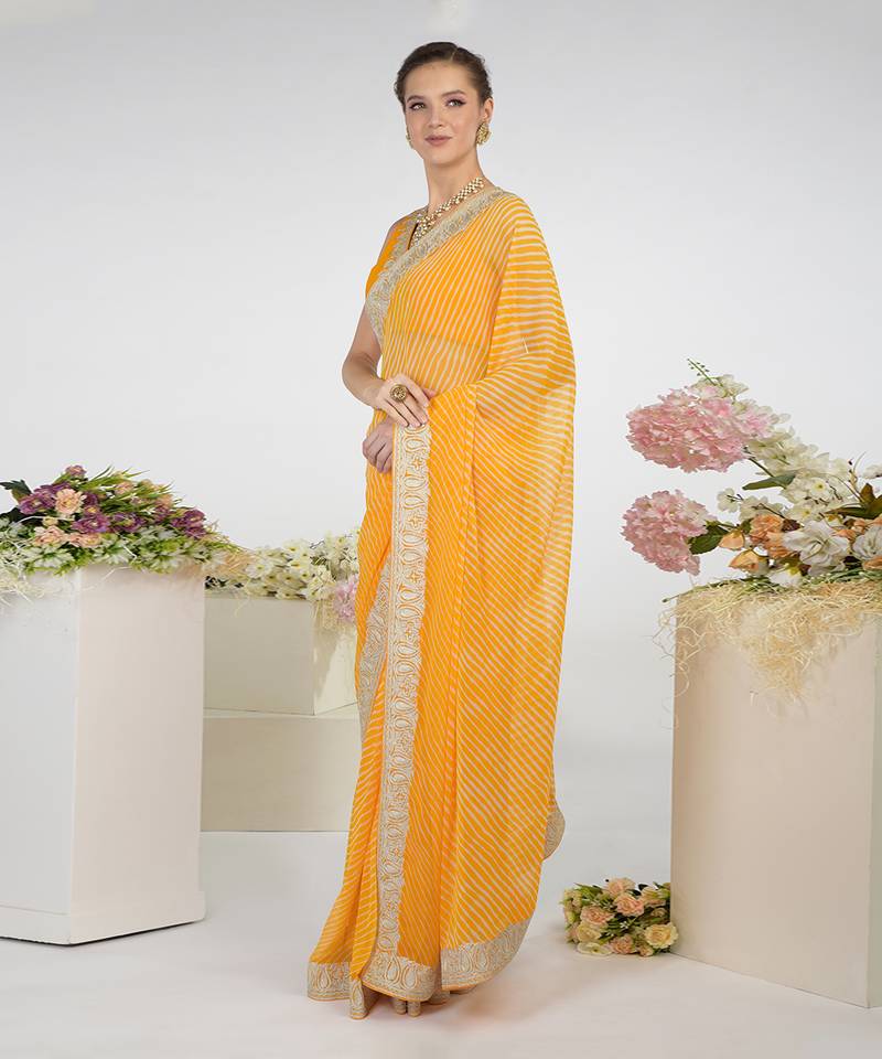 Yellow Leheriya Kashmiri Paisley Tilla Saree