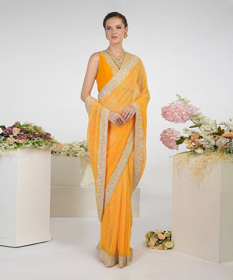 Yellow Leheriya Kashmiri Paisley Tilla Saree