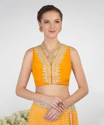 Yellow Leheriya Kashmiri Paisley Tilla Saree 7