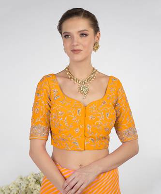 Yellow Leheriya Kashmiri Paisley Tilla Saree 8