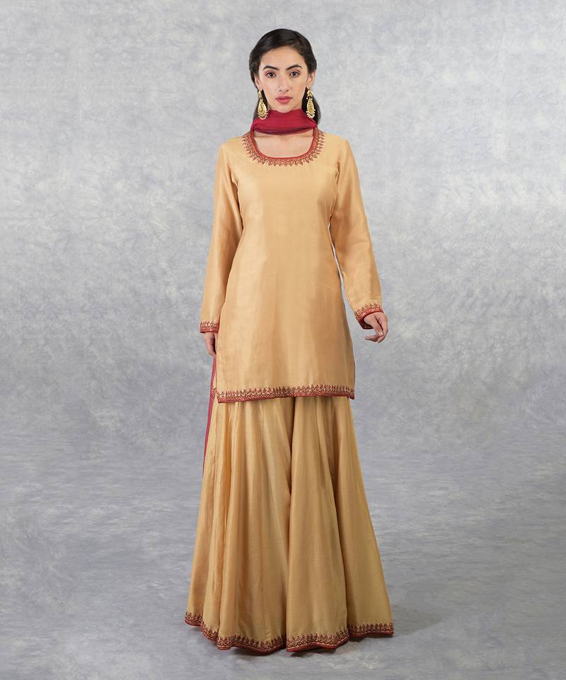 Gold-Red Sequin & Bead Hand Embroidered Sharara Set