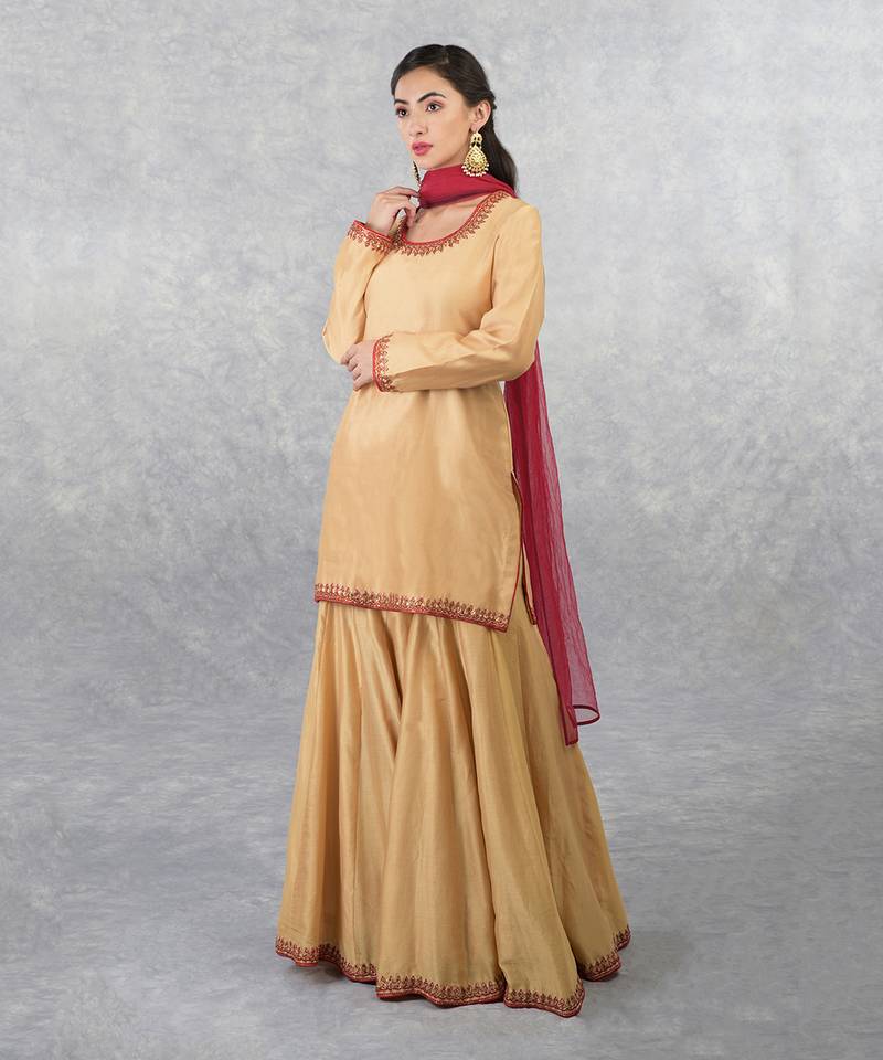 Gold-Red Sequin & Bead Hand Embroidered Sharara Set