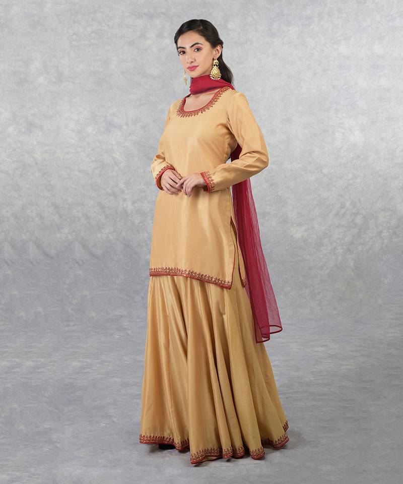 Gold-Red Sequin & Bead Hand Embroidered Sharara Set