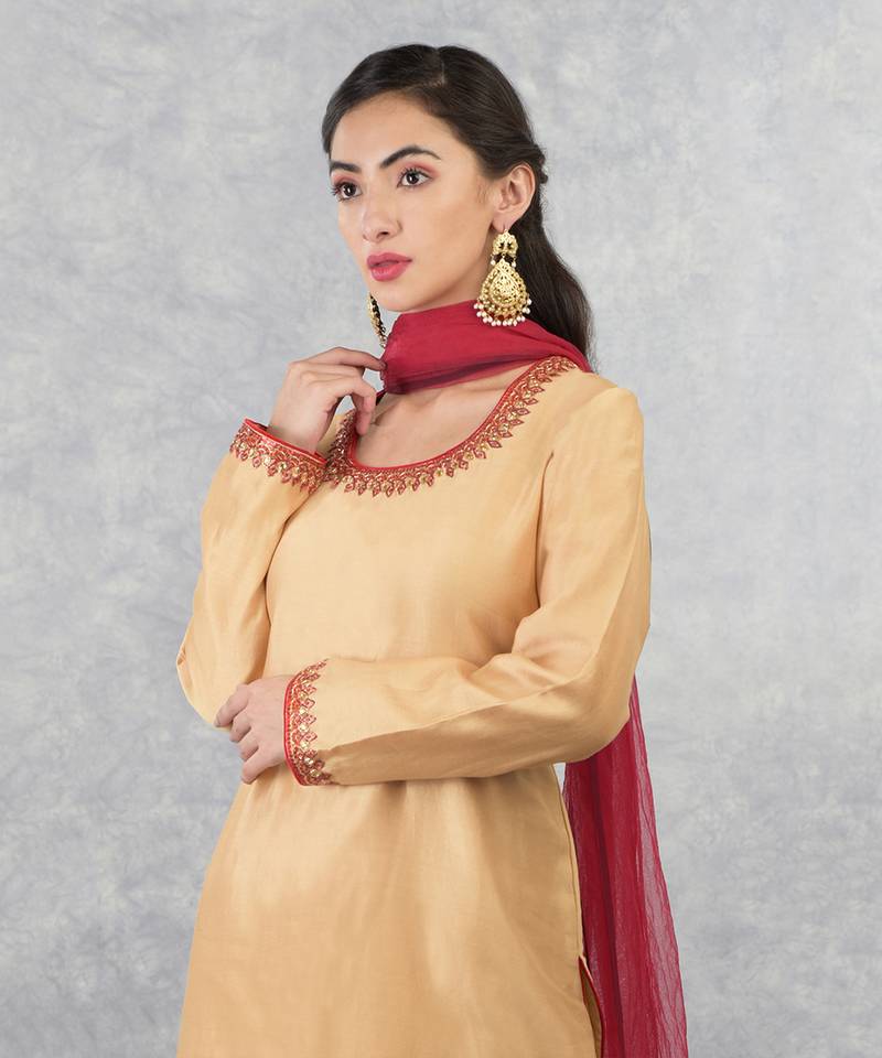 Gold-Red Sequin & Bead Hand Embroidered Sharara Set