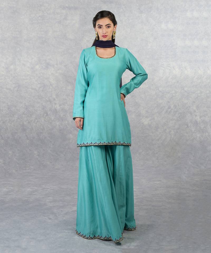 Aqua Blue Hand Embroidered Sharara Set