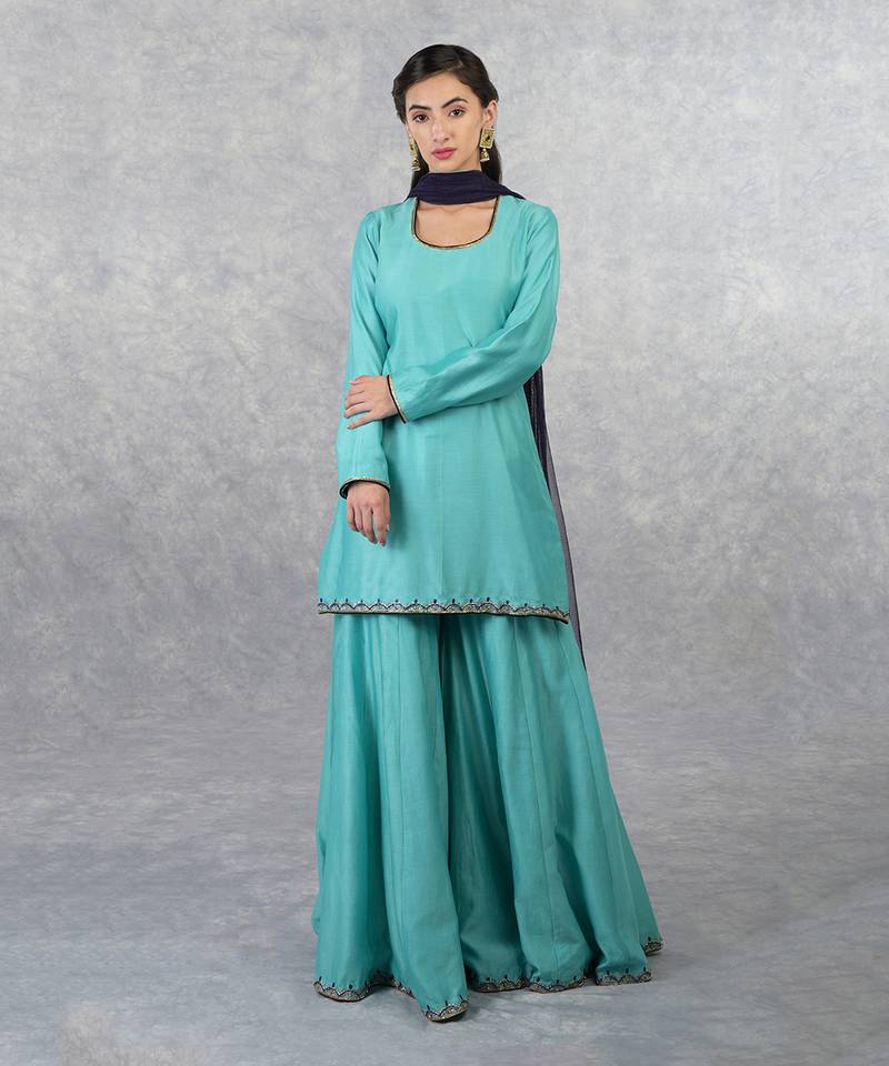 Aqua Blue Hand Embroidered Sharara Set