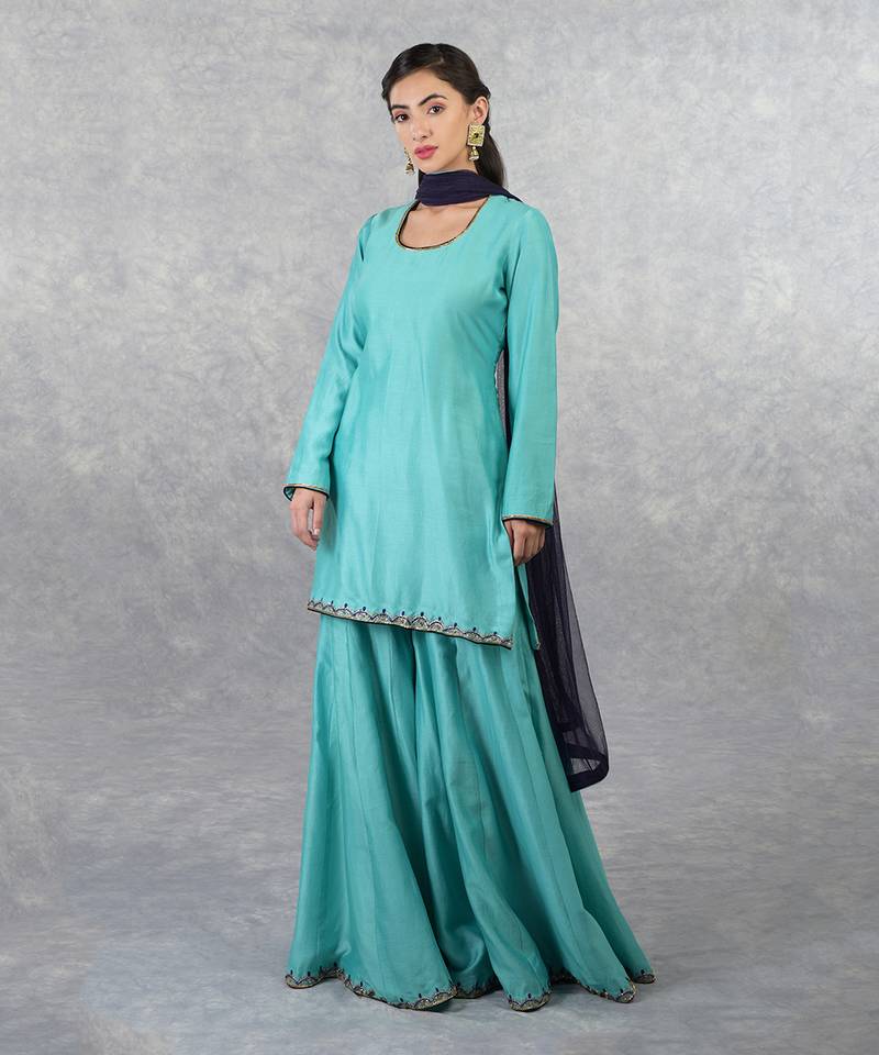 Aqua Blue Hand Embroidered Sharara Set
