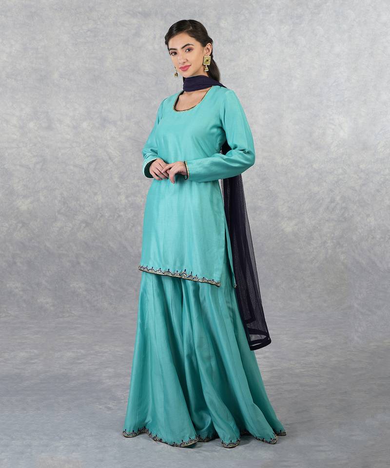 Aqua Blue Hand Embroidered Sharara Set