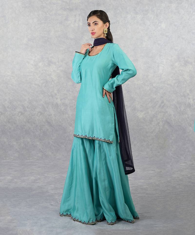 Aqua Blue Hand Embroidered Sharara Set