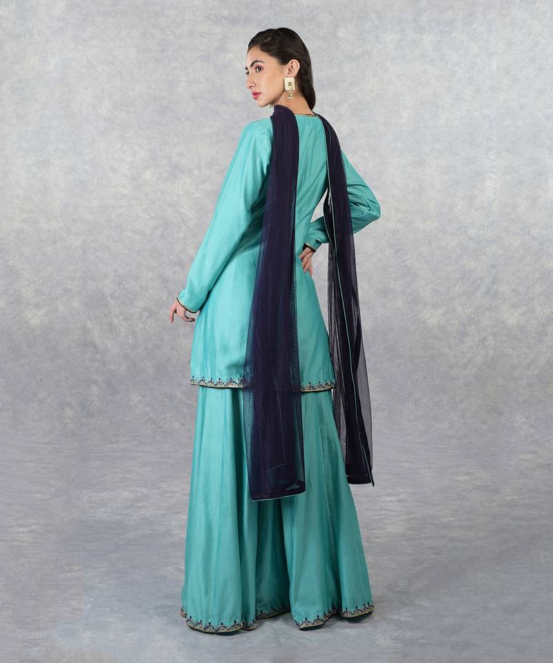 Aqua Blue Hand Embroidered Sharara Set